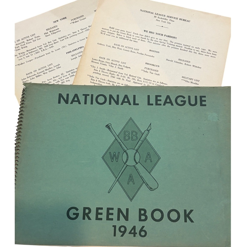 1946 National League Green Book Baseball Media Guide Original Inserts WWII